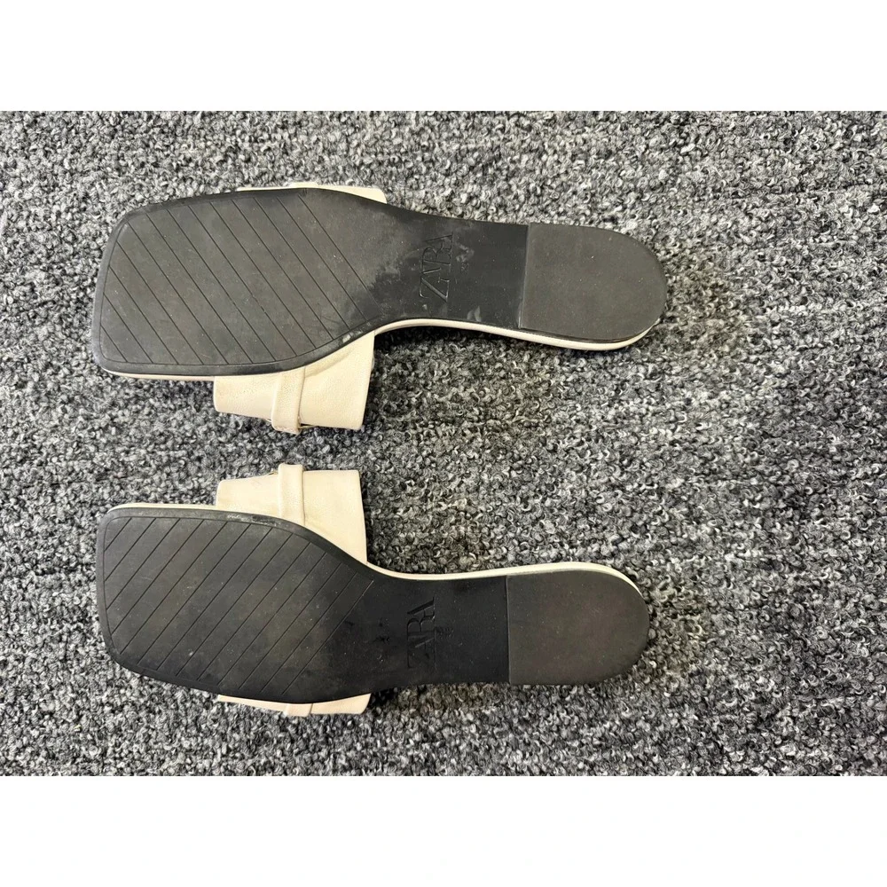 Zara Cream White Chunky Gold Chain Flat Slide Sandals Square Toe Womens Size 38
